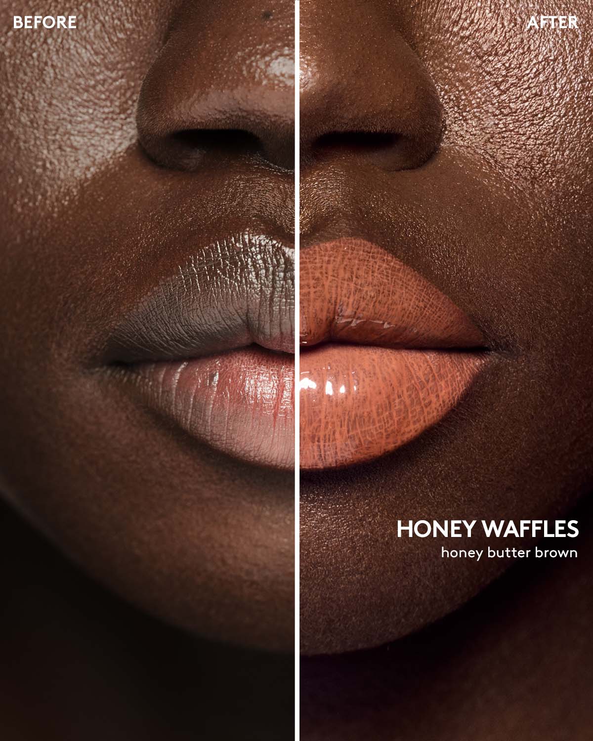 before and after of deep skin toned model wearing gloss bomb color drip lip cream in shade honey waffles
