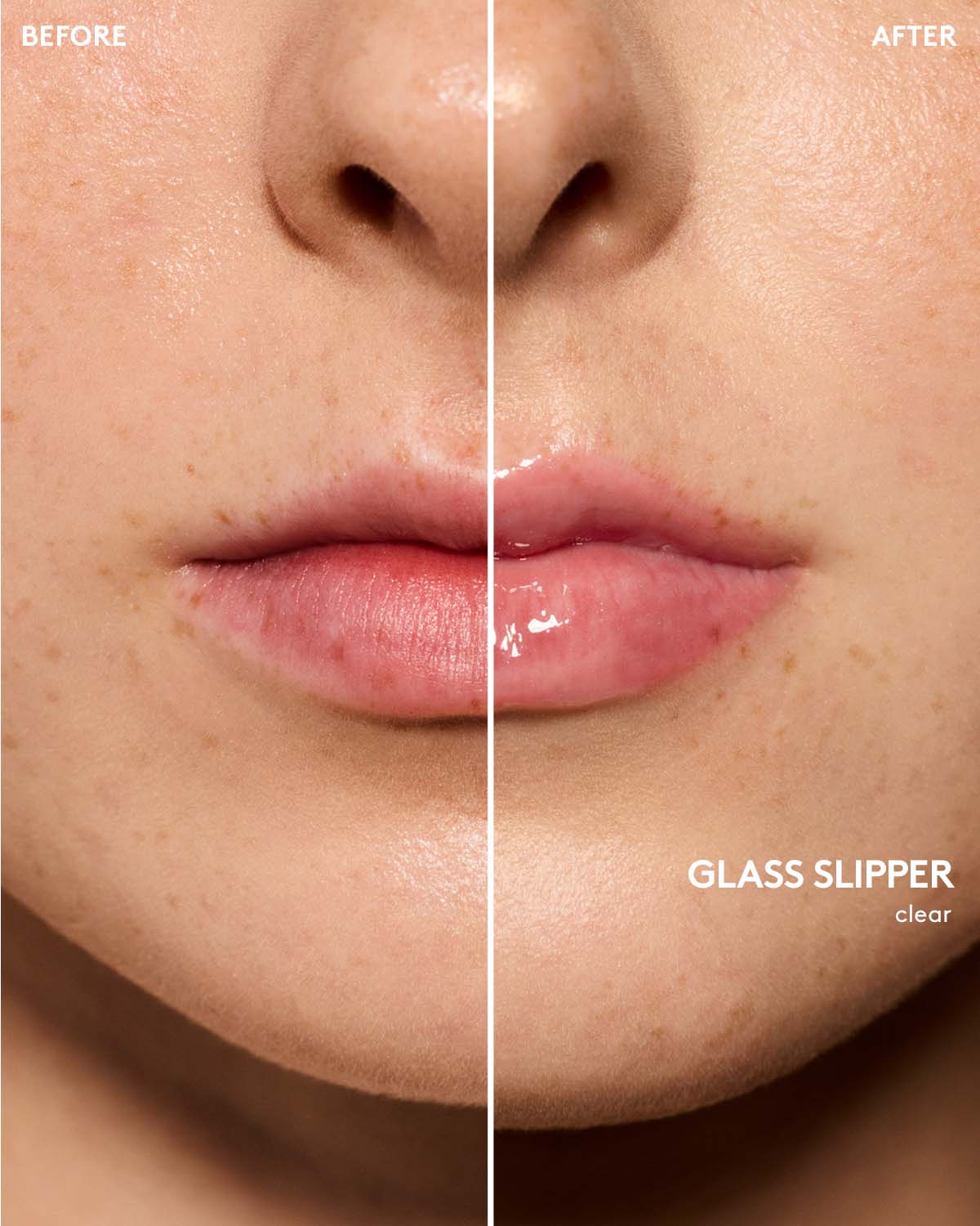 before and after of gloss bomb heat lip plumper in glass slipper on light skin toned model