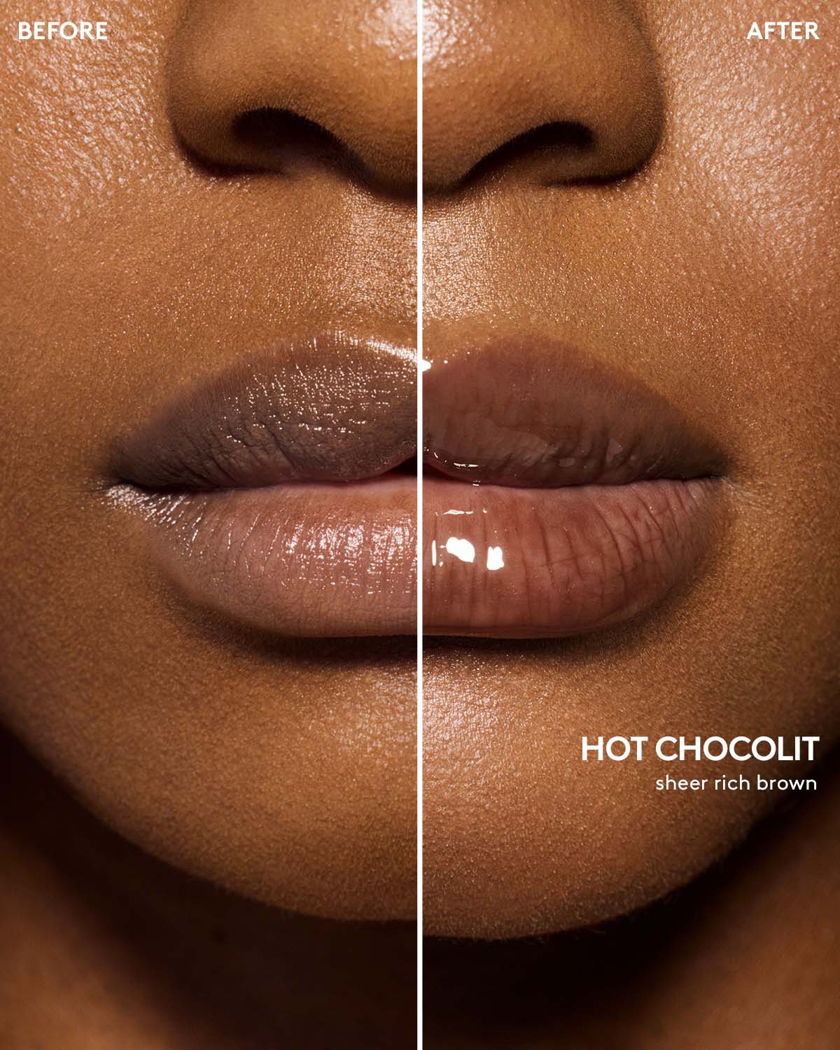 before and after of gloss bomb heat lip plumper in hot chocolit heat on deep skin toned model