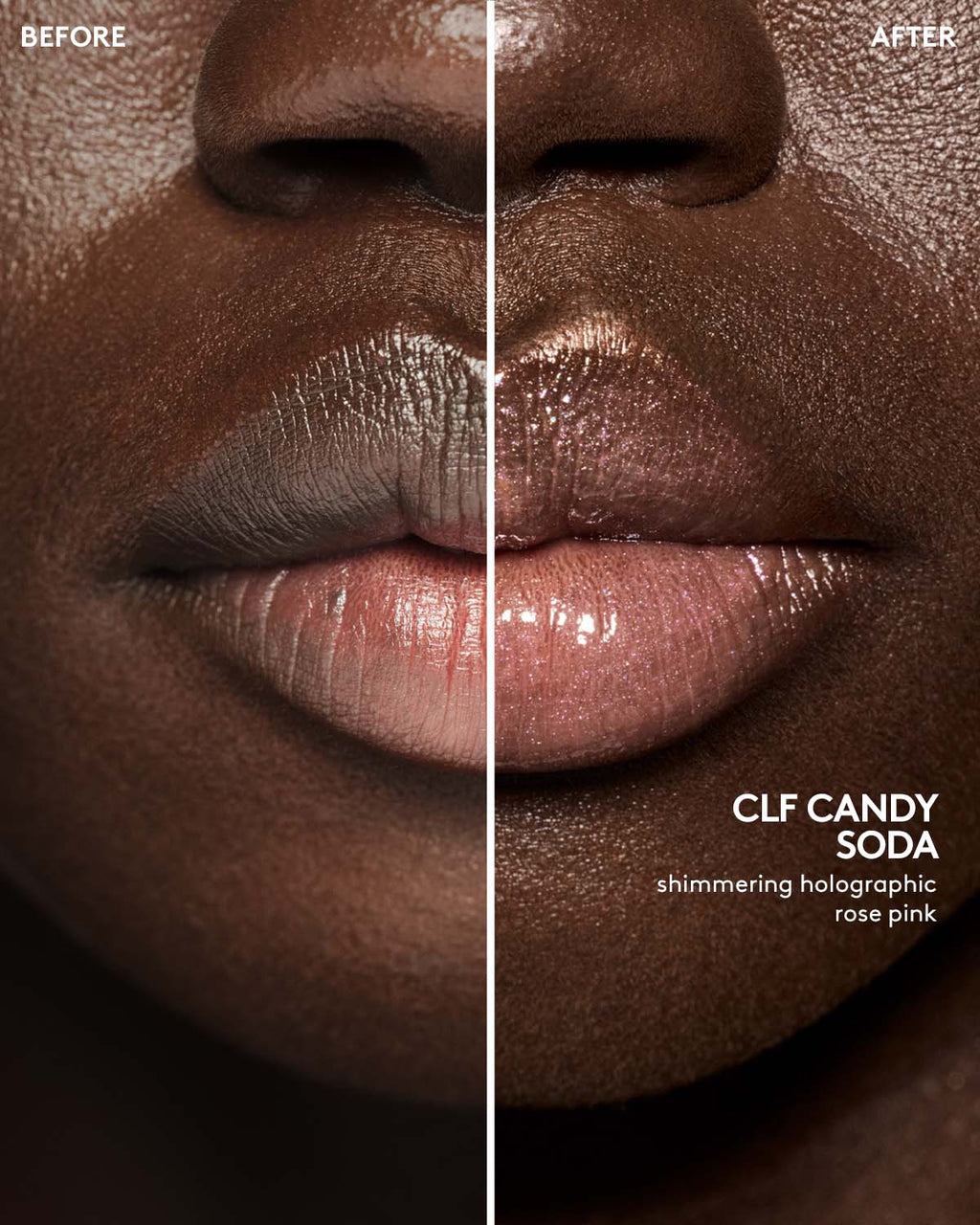 before and after of deep skin toned model wearing gloss bomb universal lip luminizer in shade candy soda