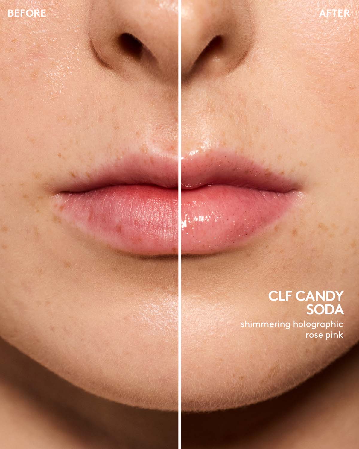 before and after of light skin toned model wearing gloss bomb universal lip luminizer in shade candy soda