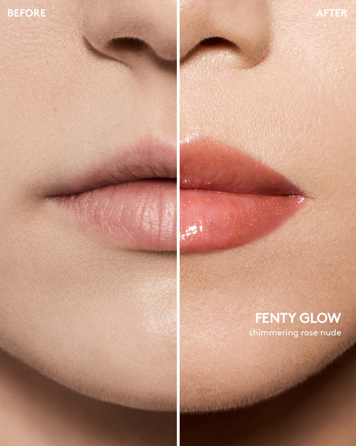 before and after of light skin toned model wearing gloss bomb universal lip luminizer in shade fenty glow