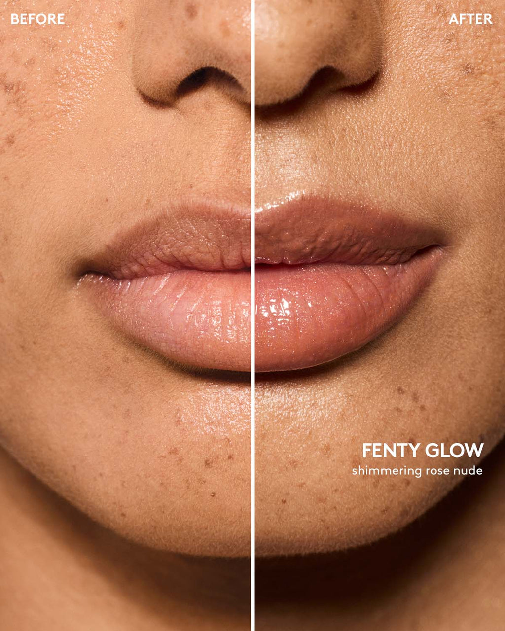 before and after of medium skin toned model wearing gloss bomb universal lip luminizer in shade fenty glow