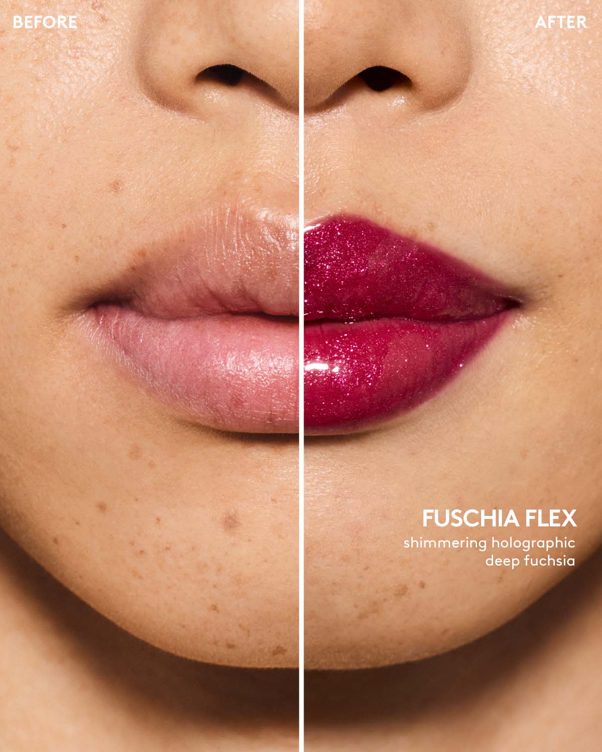 before and after of light skin toned model wearing gloss bomb universal lip luminizer in shade fuchsia flex