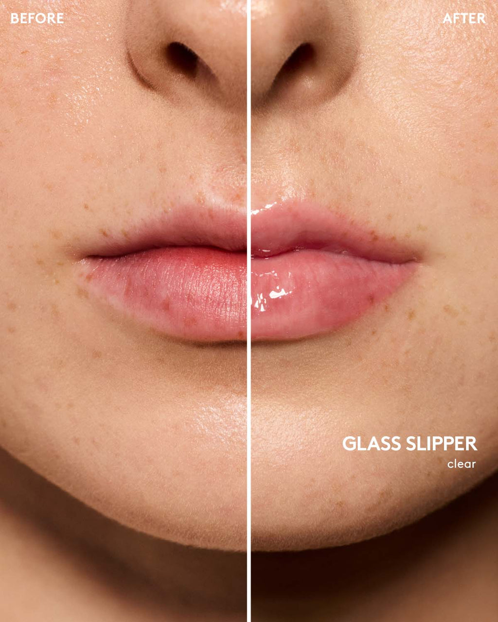 before and after of light skin toned model wearing gloss bomb universal lip luminizer in shade glass slipper