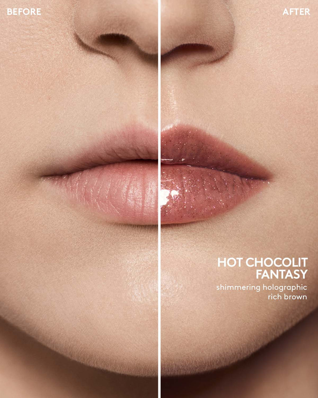 before and after of light skin toned model wearing gloss bomb universal lip luminizer in shade hot chocolit fantasy
