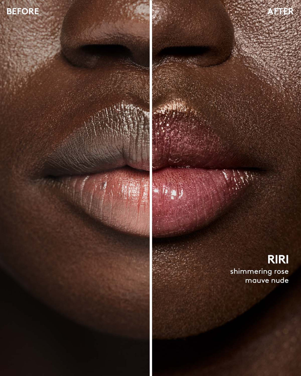 before and after of deep skin toned model wearing gloss bomb universal lip luminizer in shade riri