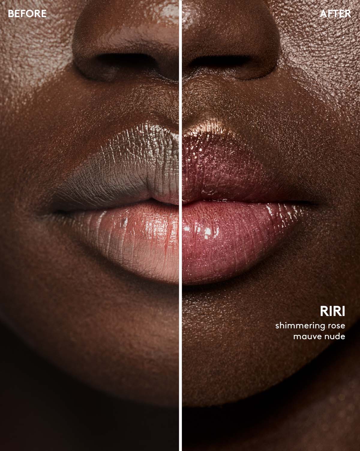 before and after of deep skin toned model wearing gloss bomb universal lip luminizer in shade riri