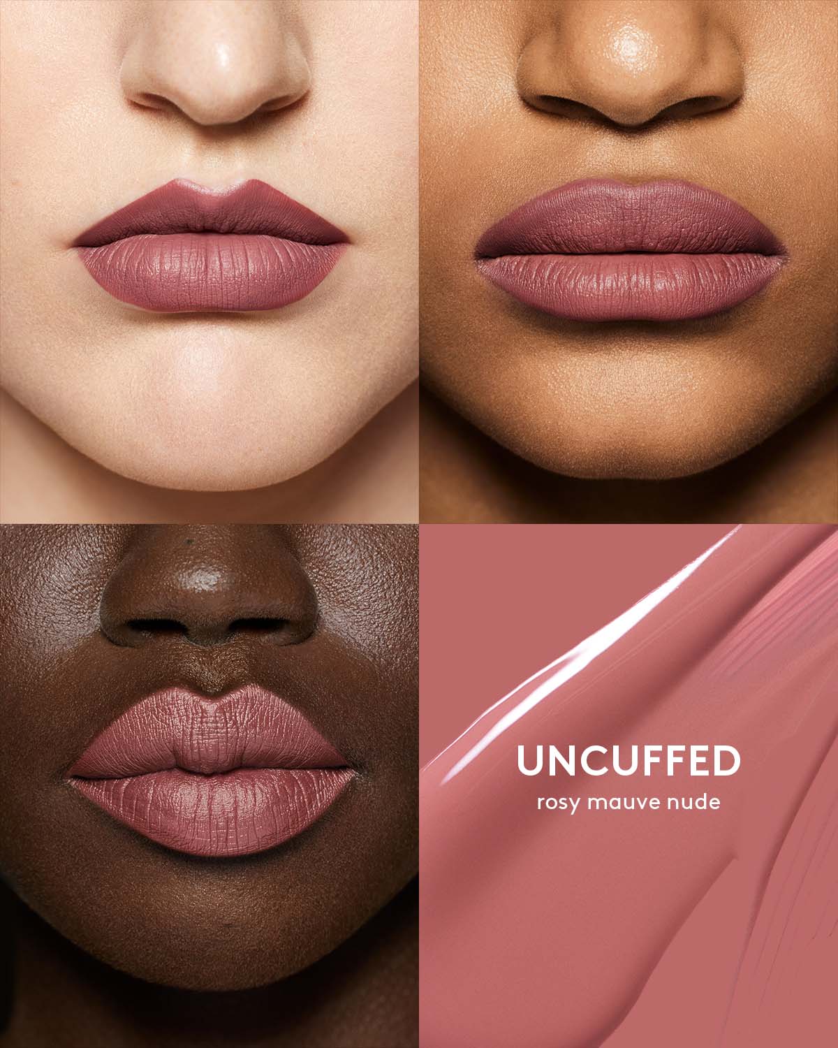 3 different skin toned models wearing stunna lip paint in shade uncuffed