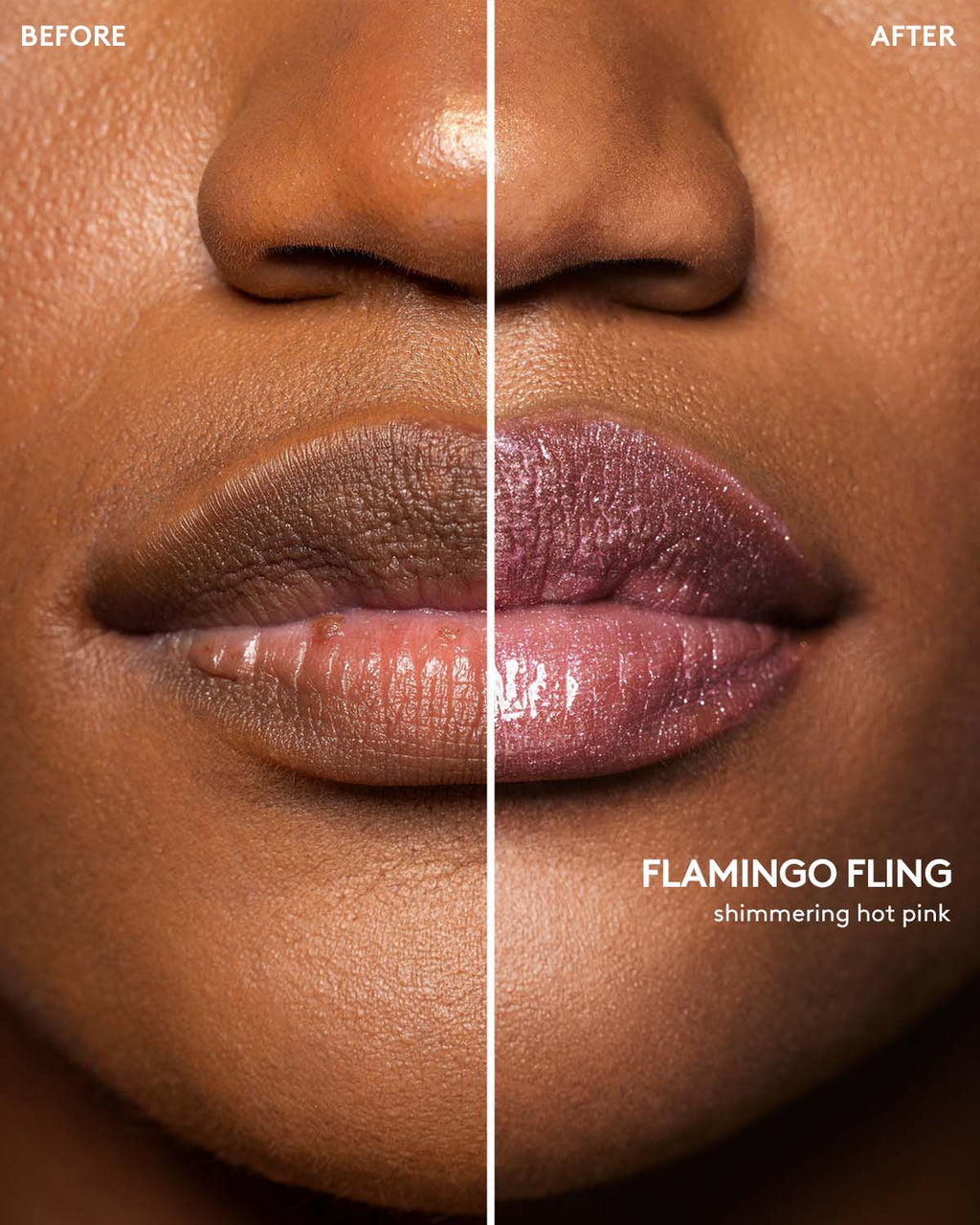 Before and after macro shot of deep model wearing Gloss Bomb Stix High-Shimmer Gloss Stick in Flamingo Fling.
