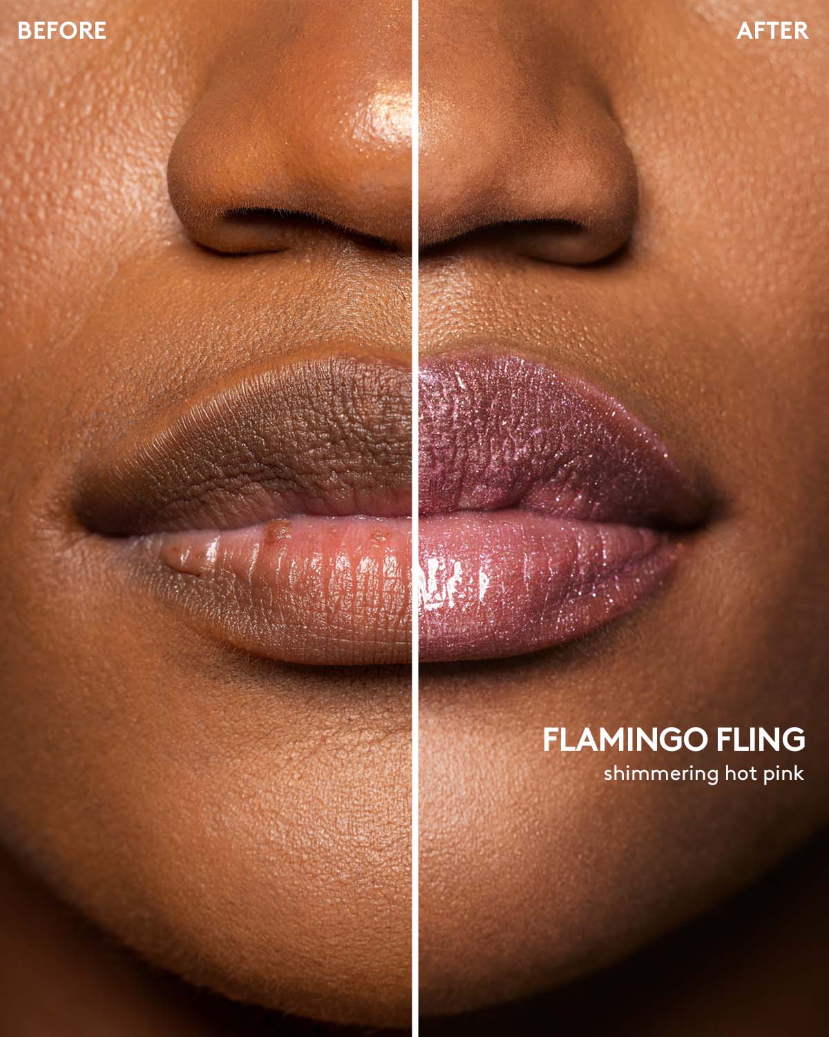 Before and after macro shot of deep model wearing Gloss Bomb Stix High-Shimmer Gloss Stick in Flamingo Fling.