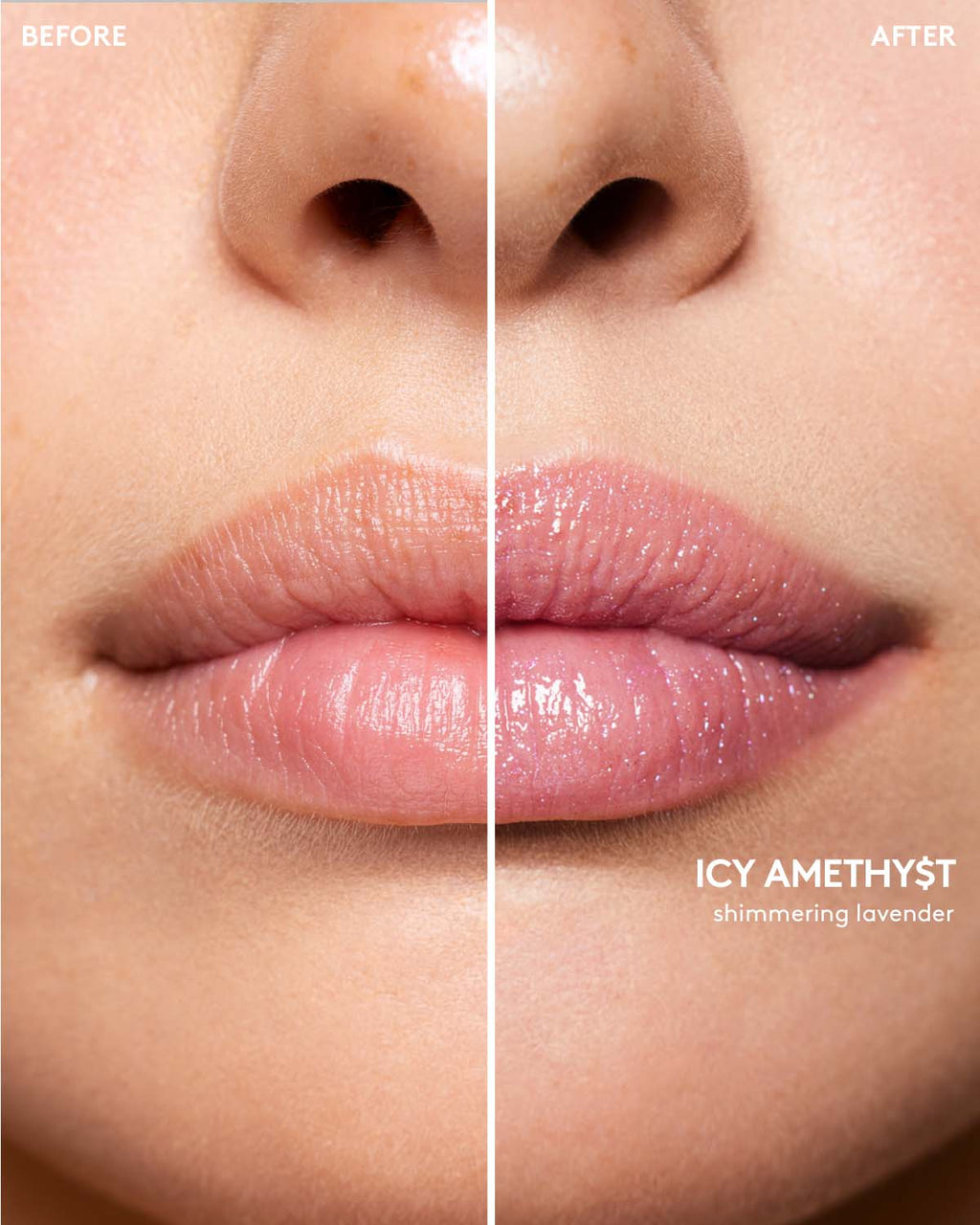 Before and after macro shot of light model wearing Gloss Bomb Stix High-Shimmer Gloss Stick in Hot Chocolit.