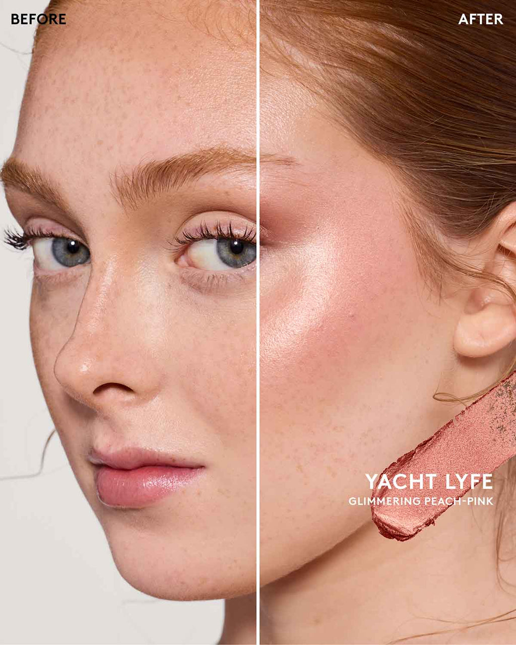 Before and after of model wearing match stix shimmer in shade Yacht Life. 
