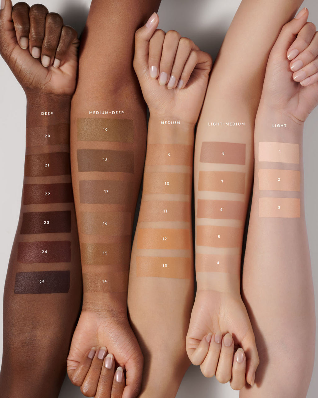 arm swatches on 5 different skin tones showing all 25 shades of eaze drop stick