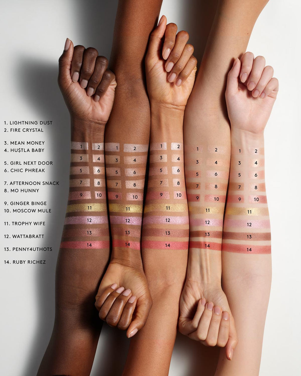Swatches of Killawatt Freestyle Highlighter shown across various skin tones.