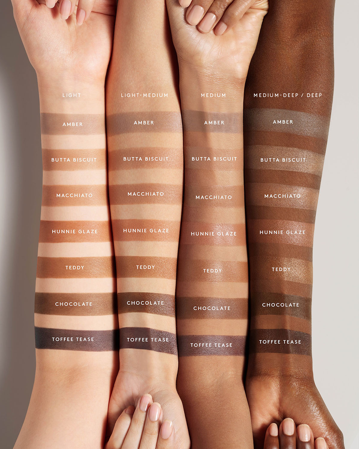Cheeks out bronzer arm swatch across 4 shade families. 