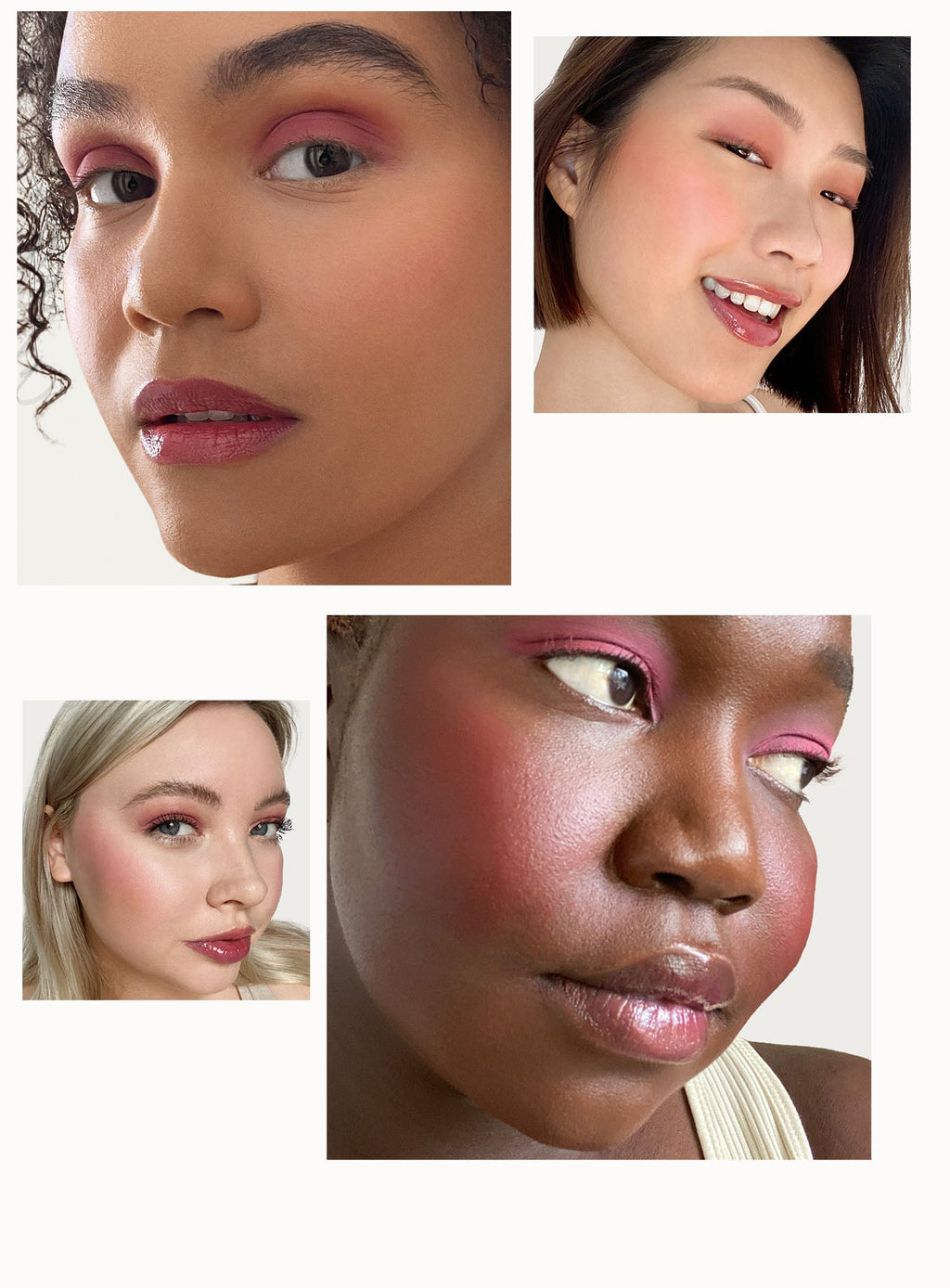 Nearly Berry| Models of different skin tones wear shade Nearly Berry of Rare Beauty's Stay Vulnerable Melting Blush.