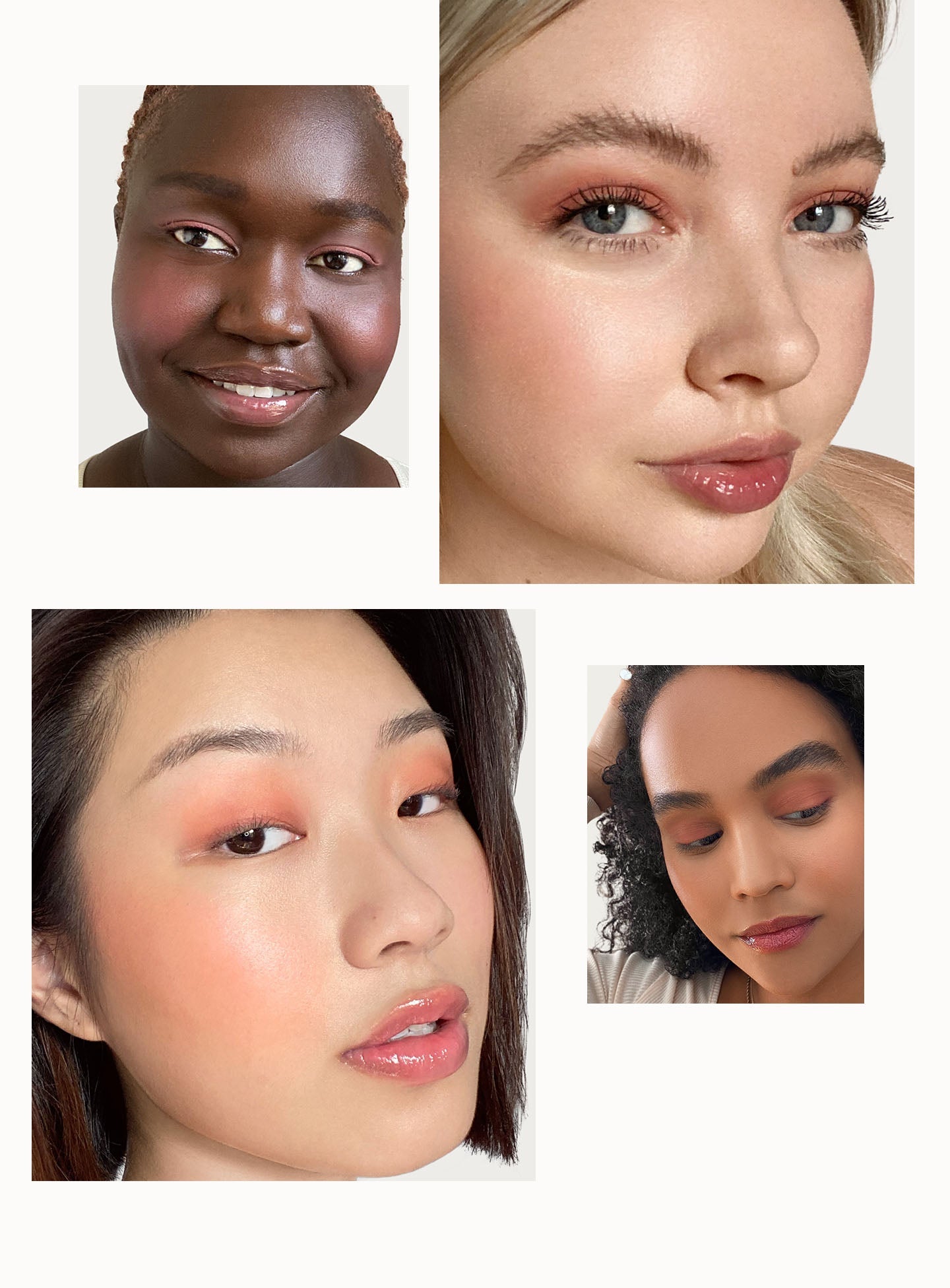 Nearly Mauve| Models of different skin tones wear shade Nearly Mauve of Rare Beauty's Stay Vulnerable Melting Blush.