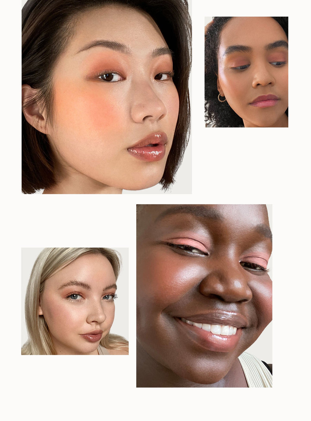 Nearly Neutral| Models of different skin tones wear shade Nearly Neutral of Rare Beauty's Stay Vulnerable Melting Blush.