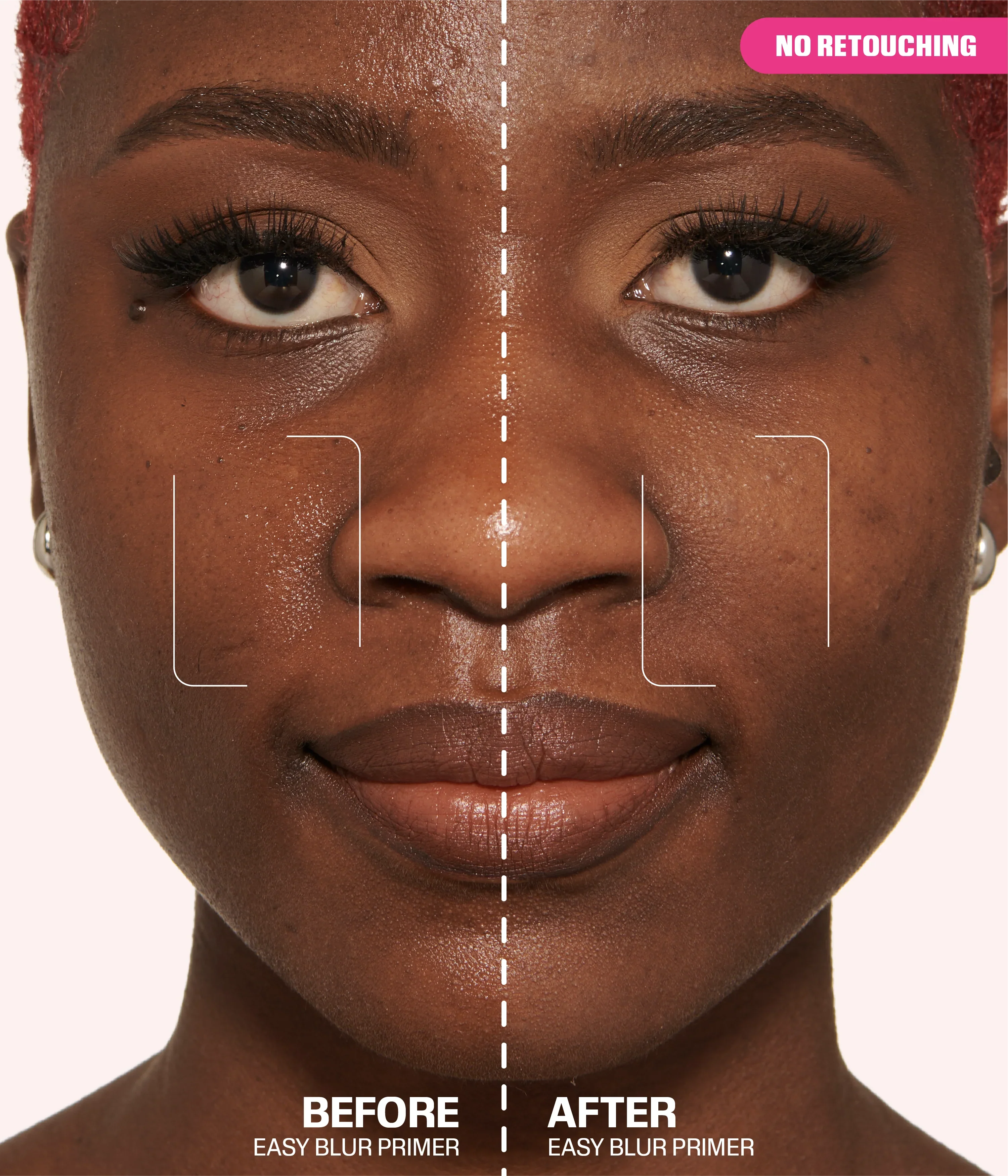 Before and after of Easy Blur Primer on skin, no retouching.