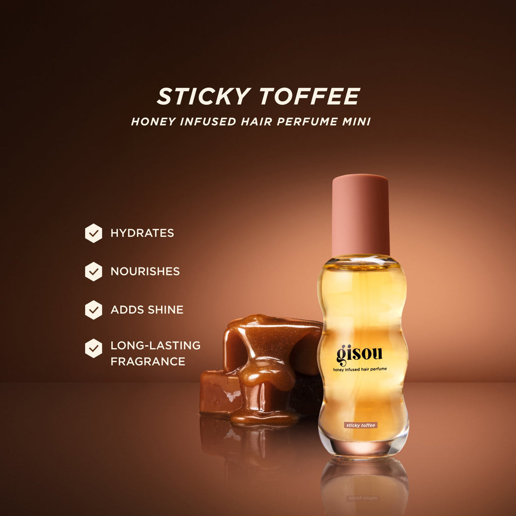 Gisou Honey Infused Hair Perfume Mini 15ml in Sticky Toffee with caramel cubes on a warm brown background, highlighting benefits: hydrates, nourishes, adds shine, and provides long-lasting fragrance.