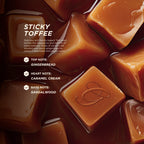 Close-up of glossy caramel cubes in rich brown tones representing the Sticky Toffee scent, with text overlay describing fragrance notes: gingerbread, caramel cream, and sandalwood.