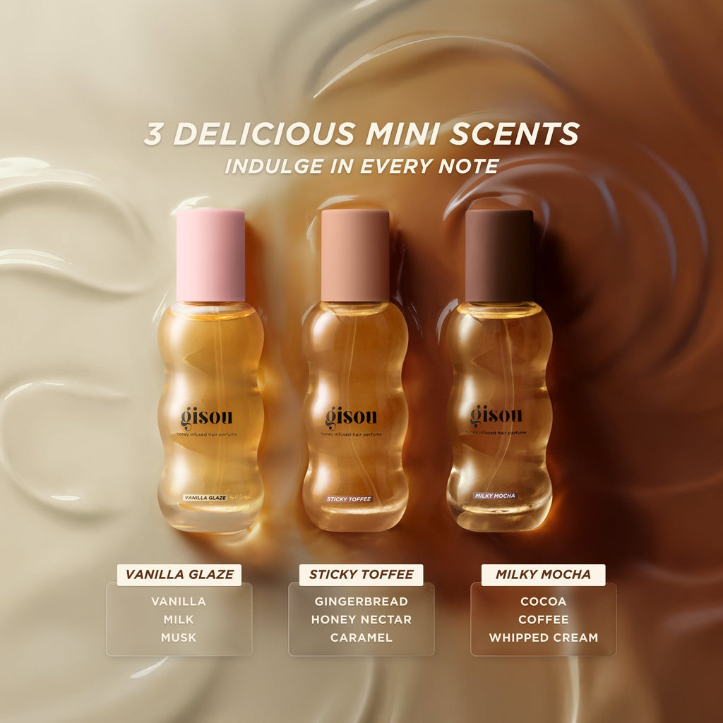 Three Gisou mini hair perfumes: Vanilla Glaze, Sticky Toffee and Milky Mocha with scent notes displayed.