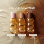 Three Gisou mini hair perfumes: Vanilla Glaze, Sticky Toffee and Milky Mocha with scent notes displayed.