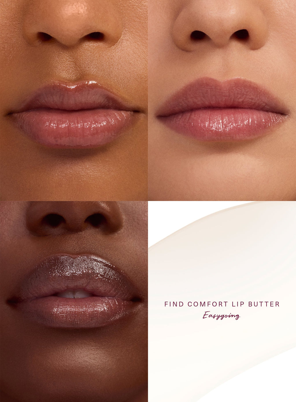 Easygoing| Close-up of three models with different skin tones wearing Rare Beauty Find Comfort Lip Butter in Easygoing, a clear shade