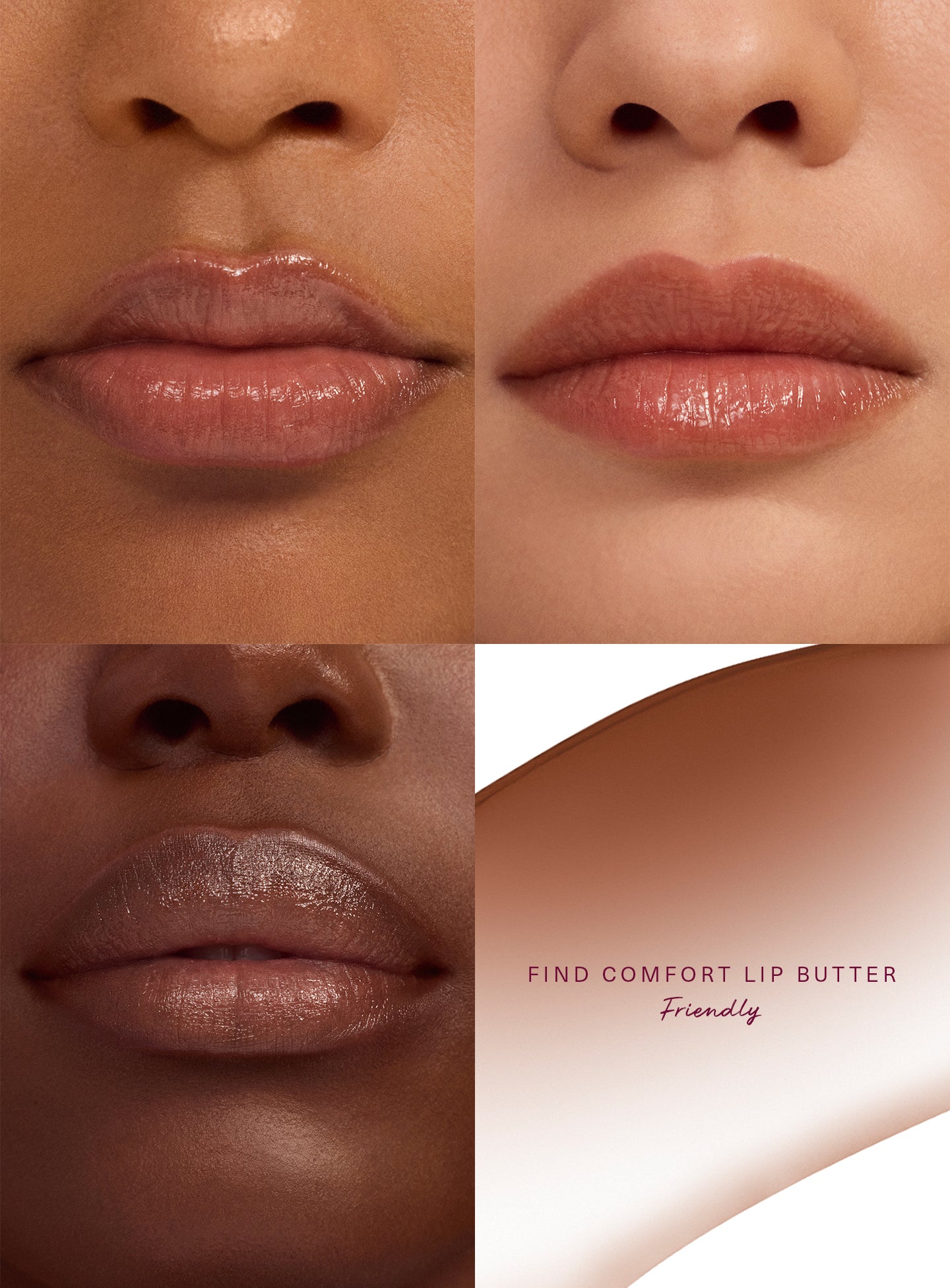 Friendly| Close-up of three models with different skin tones wearing Rare Beauty Find Comfort Lip Butter in Friendly, a muted caramel color