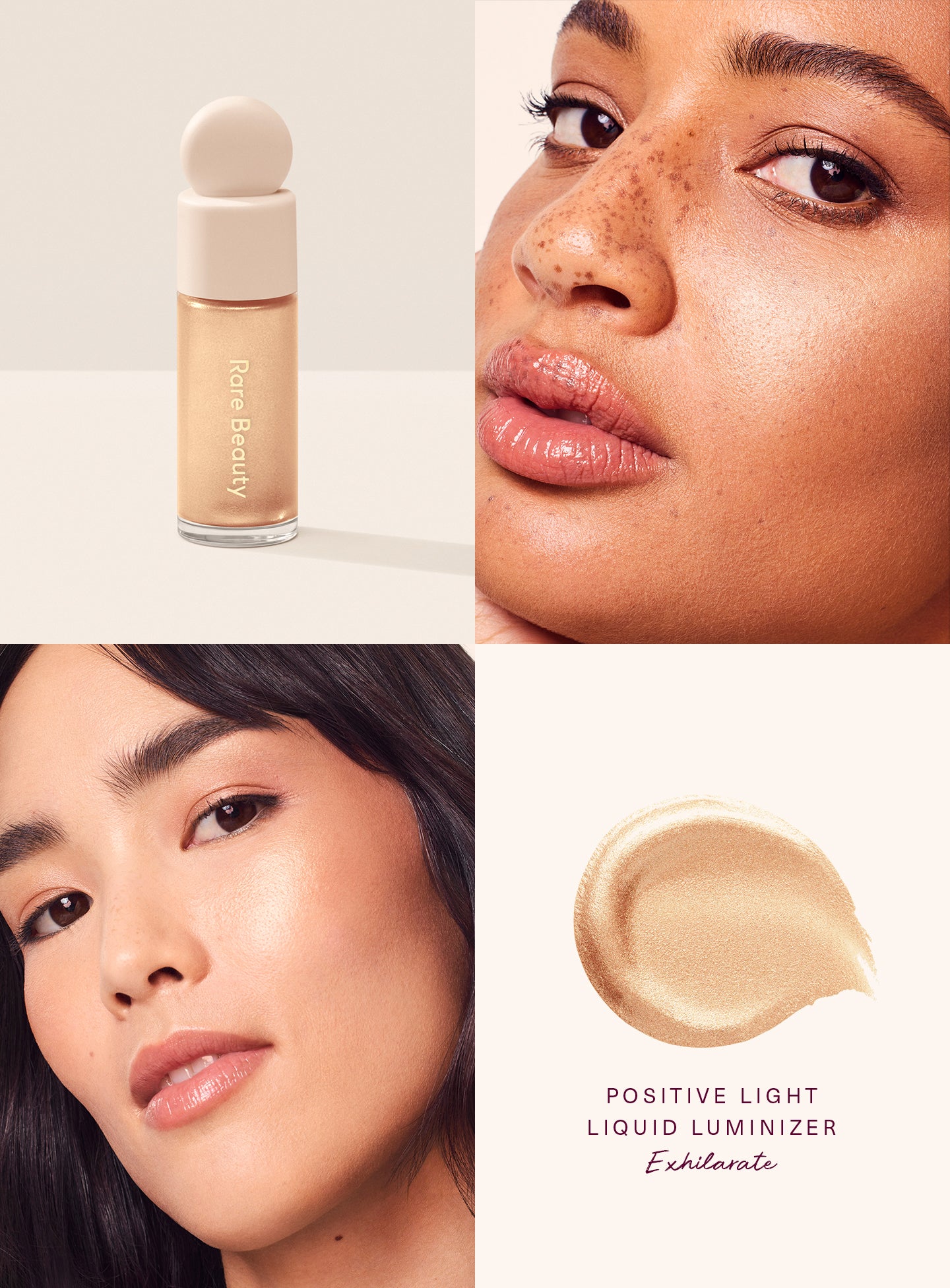 Exhilarate| Two models of different skin tones demonstrate Rare Beauty's Positive Light Liquid Luminizer in the shade Exhilarate. 