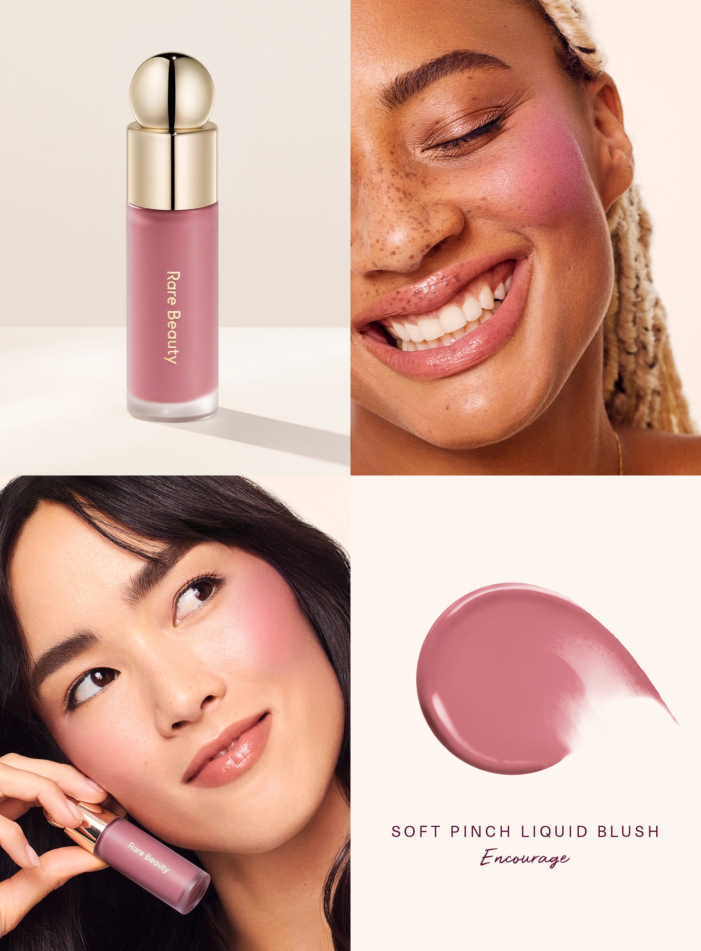 Encourage| Rare Beauty's Soft Pinch Liquid Blush in the shade "Encourage" applied on models of differing skin tones.