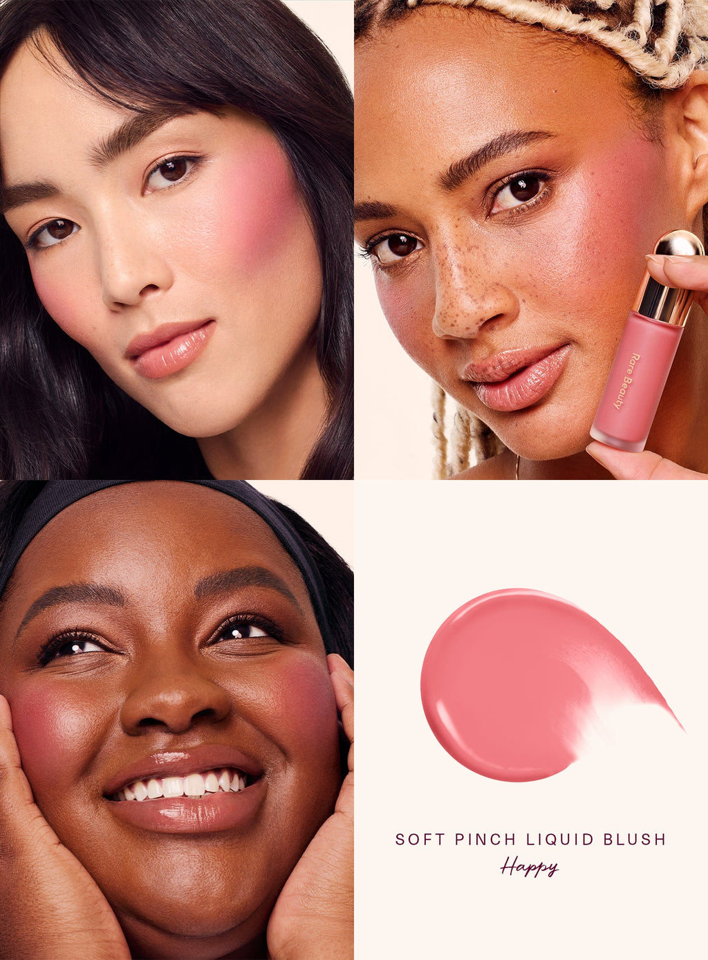 Happy| Rare Beauty's Soft Pinch Liquid Blush in the shade "Happy" applied on models of differing skin tones.