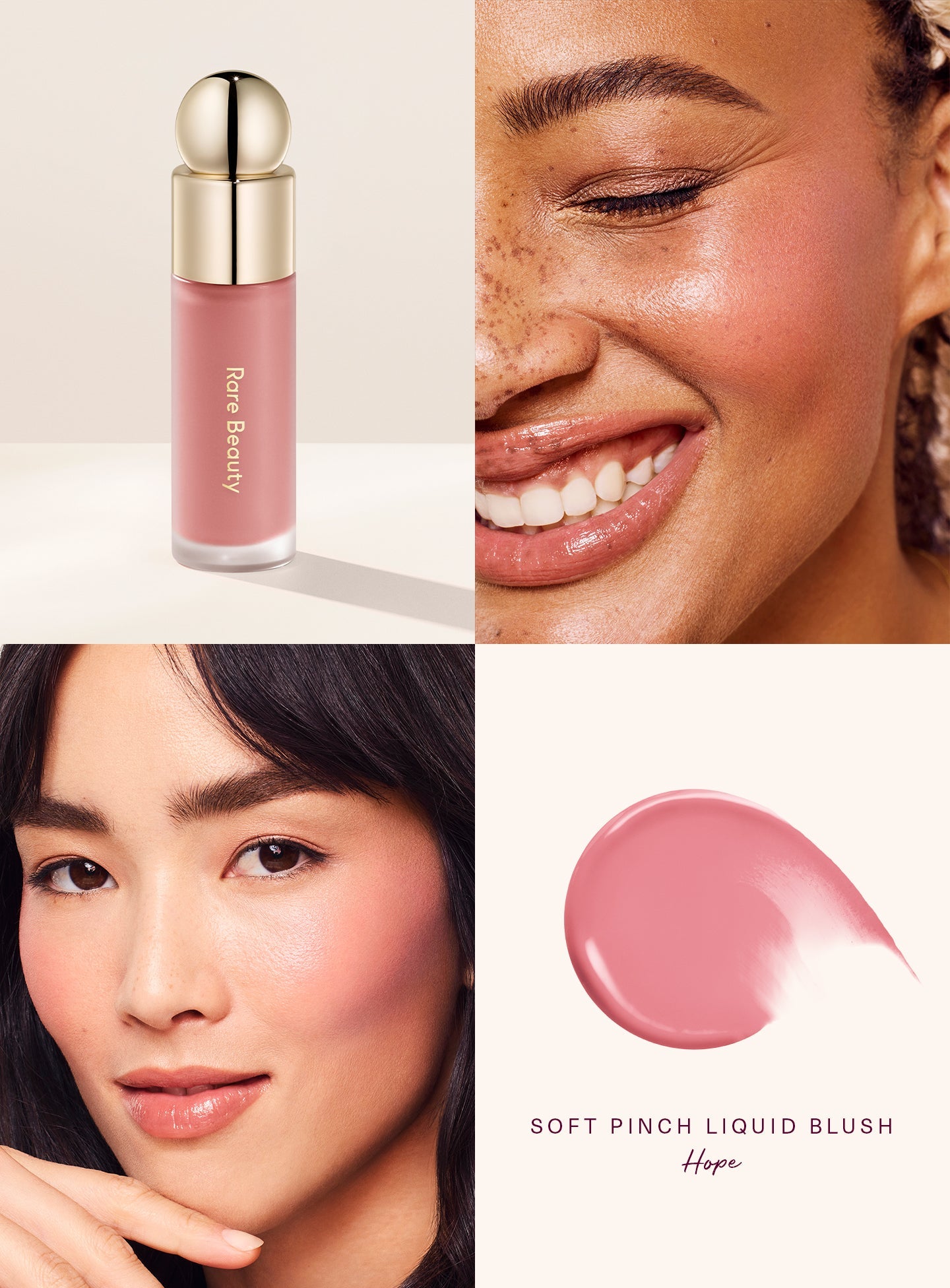Hope| Rare Beauty's Soft Pinch Liquid Blush in the shade "Hope" applied on models of differing skin tones.