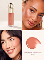 Virtue| A model wearing Rare Beauty's Soft Pinch Liquid Blush in the dewy beige peach shade "Virtue."