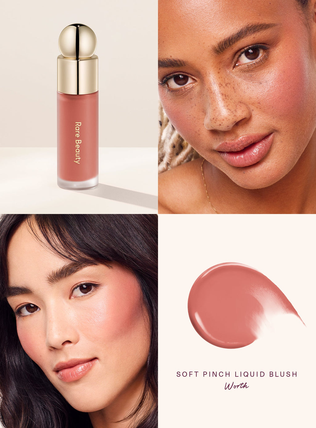 Worth| A model wearing Rare Beauty's Soft Pinch Liquid Blush in the dewy true rose shade "Worth."