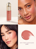 Worth| A model wearing Rare Beauty's Soft Pinch Liquid Blush in the dewy true rose shade "Worth."
