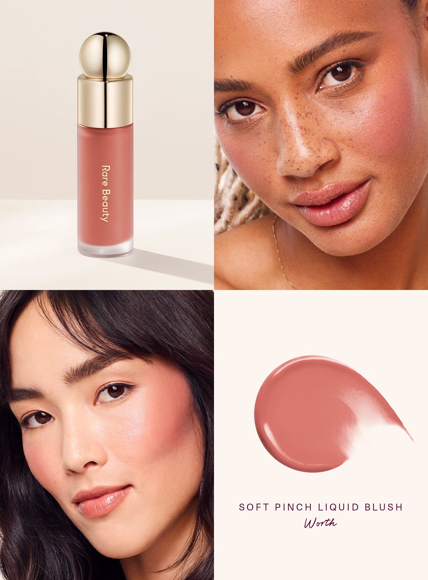 Worth| A model wearing Rare Beauty's Soft Pinch Liquid Blush in the dewy true rose shade "Worth."