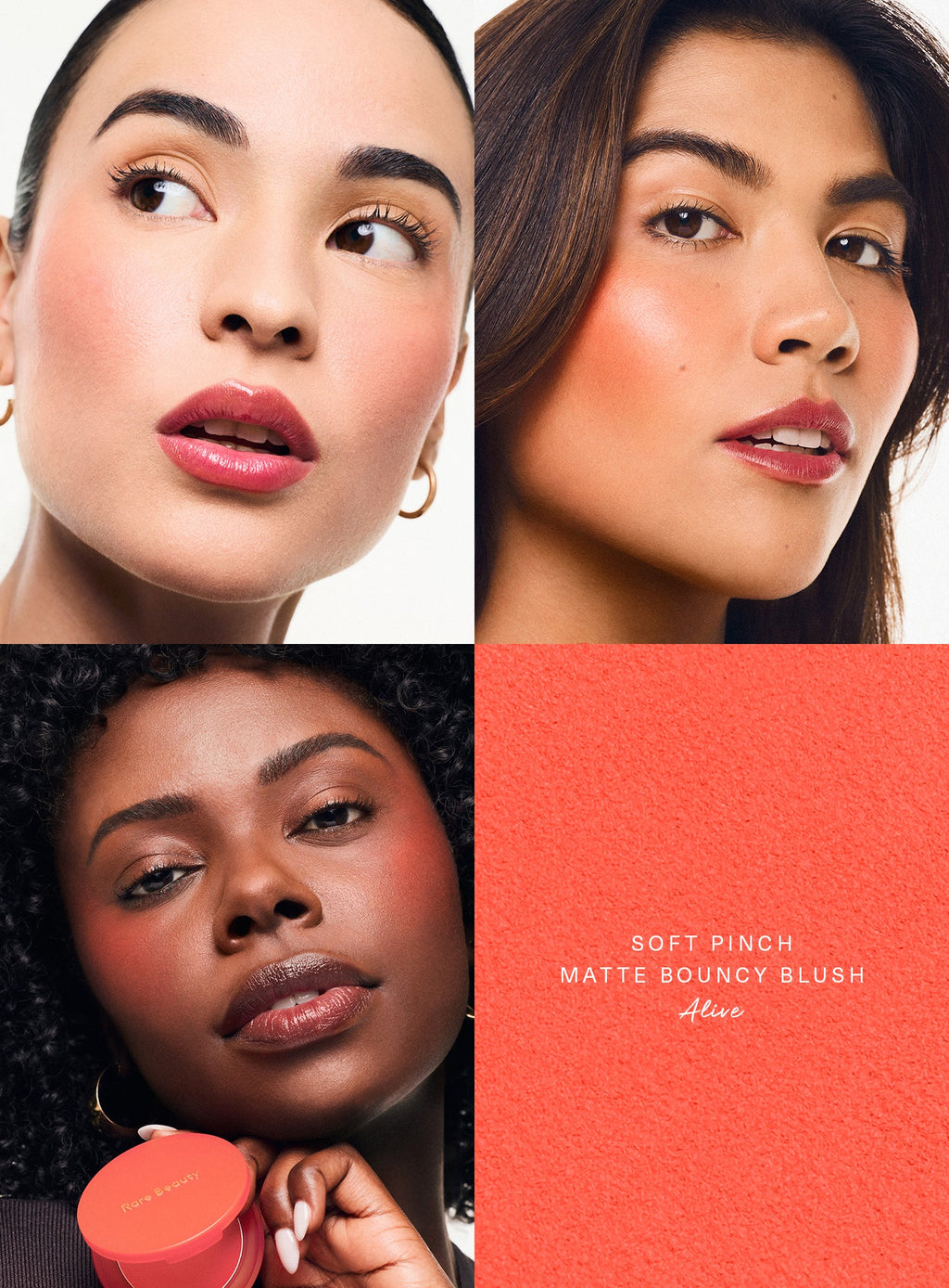 Alive| Three models wearing Rare Beauty's Soft Pinch Matte Bouncy Blush in the bright coral orange shade Alive.