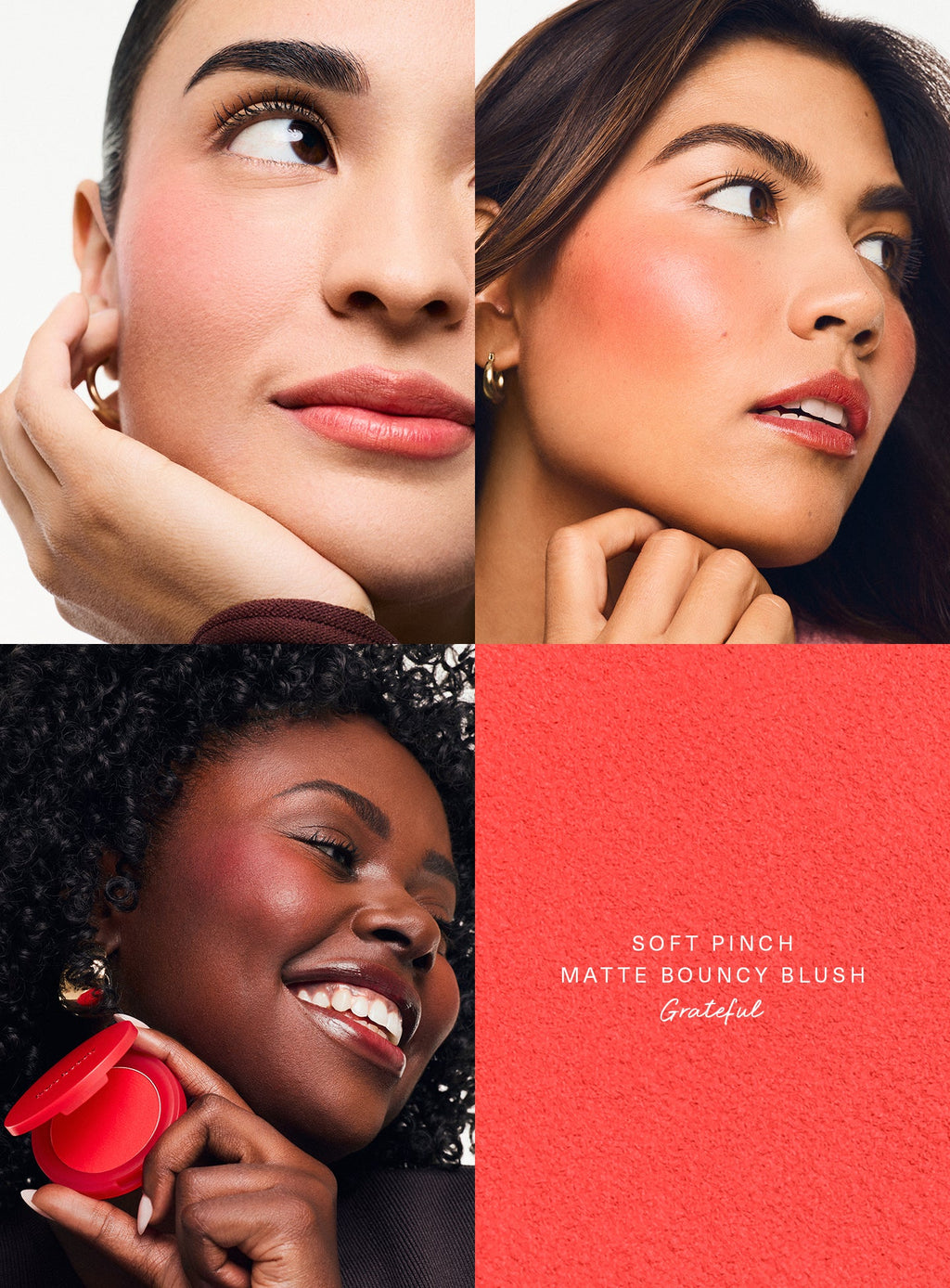 Grateful| Three models wearing Rare Beauty's Soft Pinch Matte Bouncy Blush in the soft red shade Grateful.