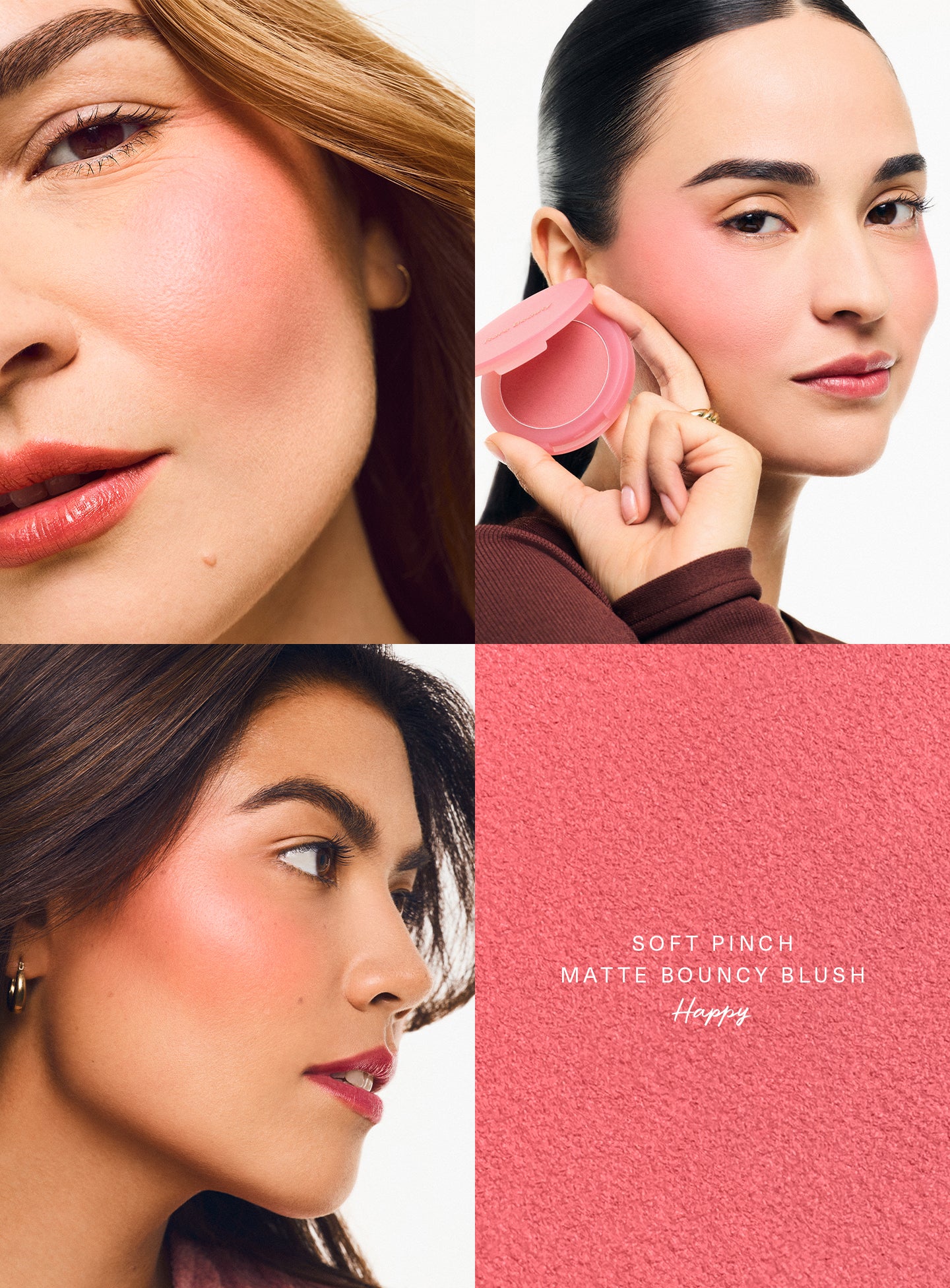 Happy| Three models wearing Rare Beauty's Soft Pinch Matte Bouncy Blush in the cool pink shade Happy.