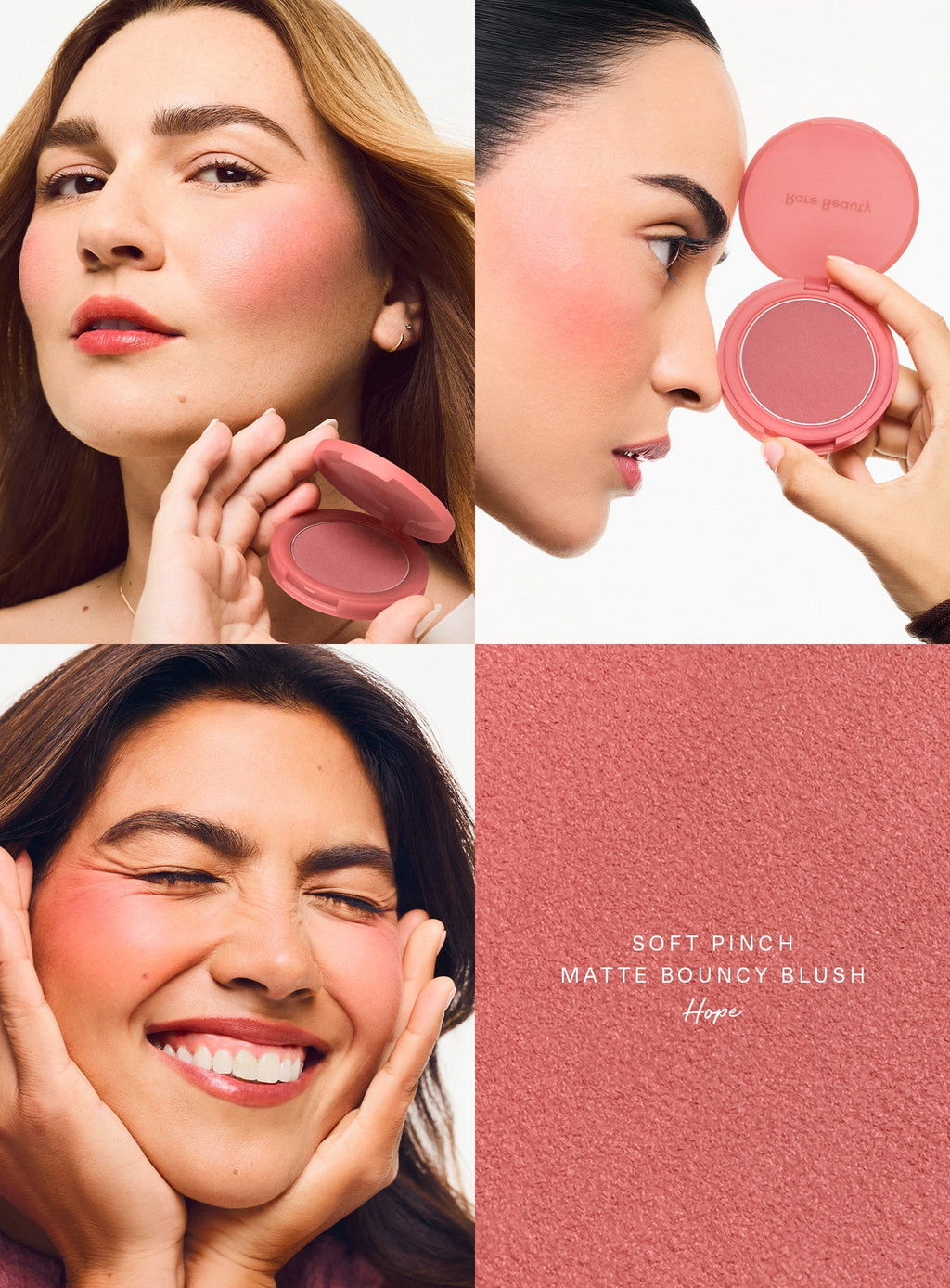 Hope| Three models wearing Rare Beauty's Soft Pinch Matte Bouncy Blush in the nude mauve shade Hope.