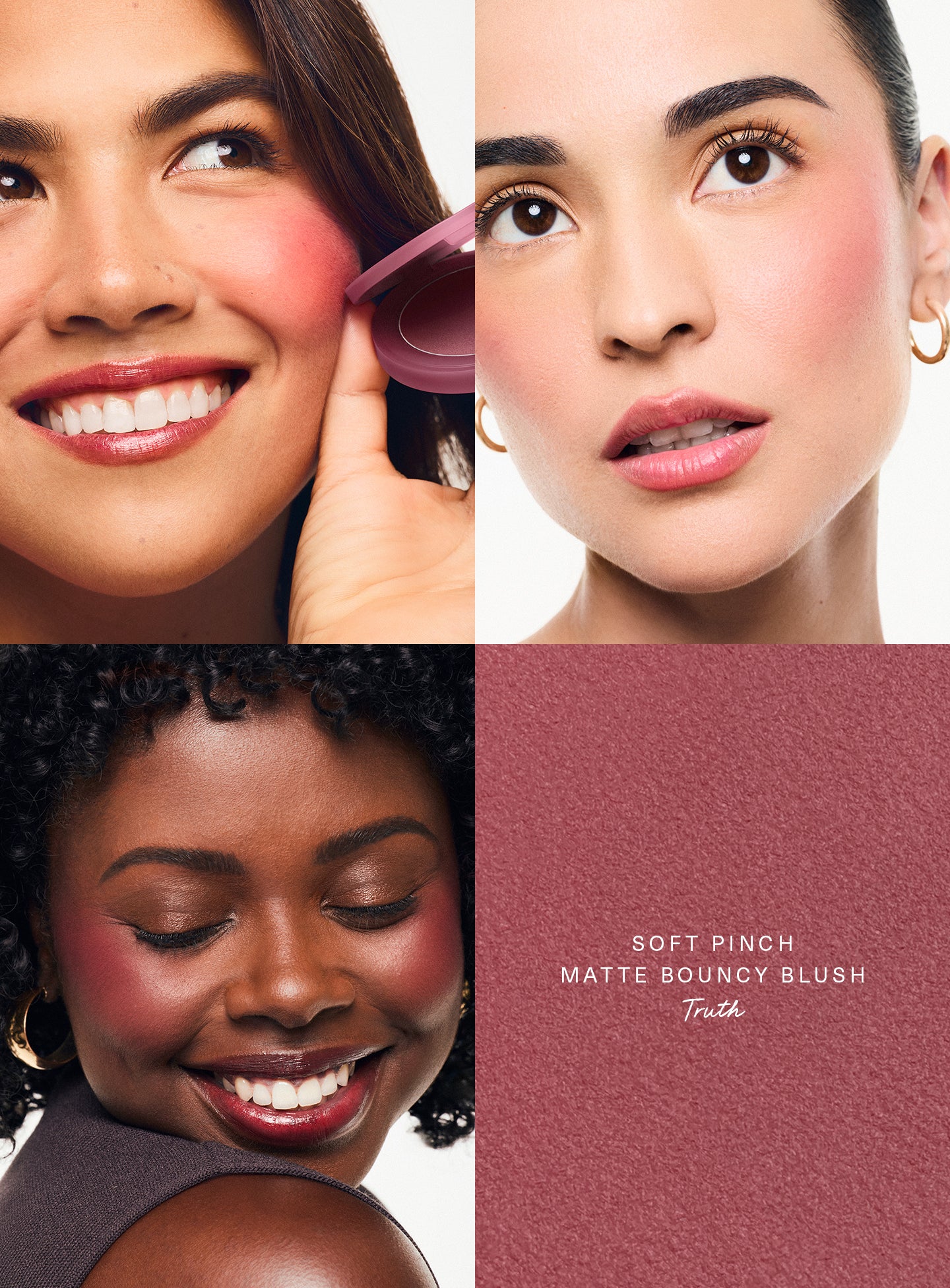 Truth| Three models wearing Rare Beauty's Soft Pinch Matte Bouncy Blush in the soft plum shade Truth.