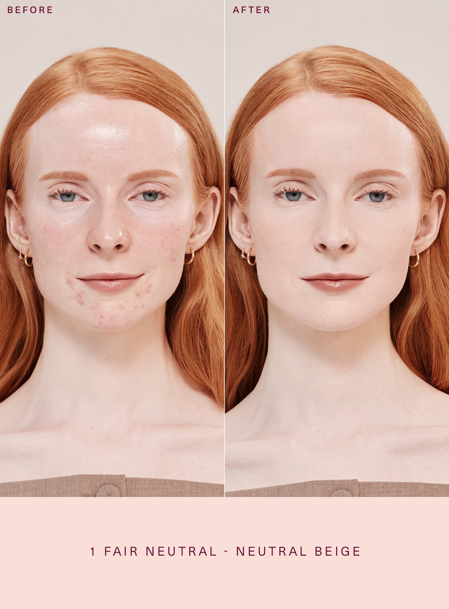 1 Fair Neutral| Before and after shot of model with light skin wearing fair neutral shade of Rare Beauty's True to Myself matte foundation