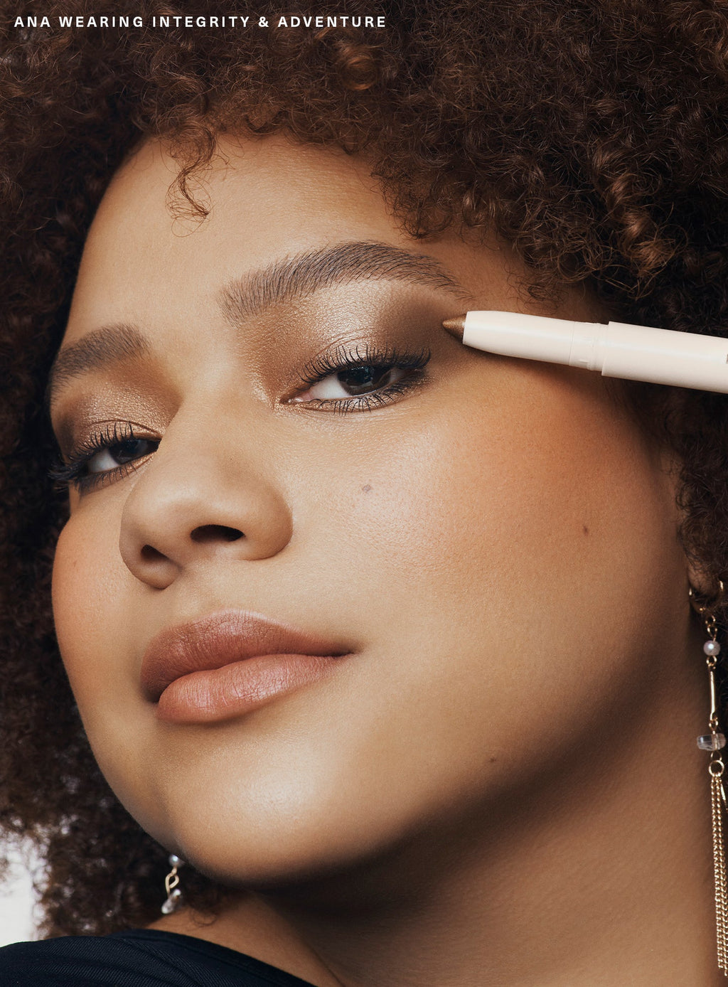Integrity| Model Ana wearing All of the Above Weightless Eyeshadow Stick in shades "Integrity" and "Adventure".