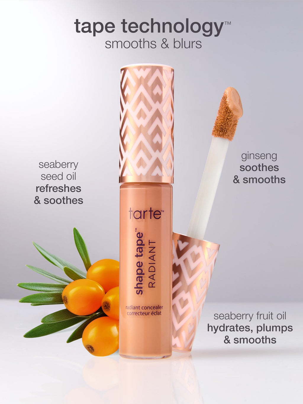 Tarte shape tape concealer with applicator and ingredients on a light gray background