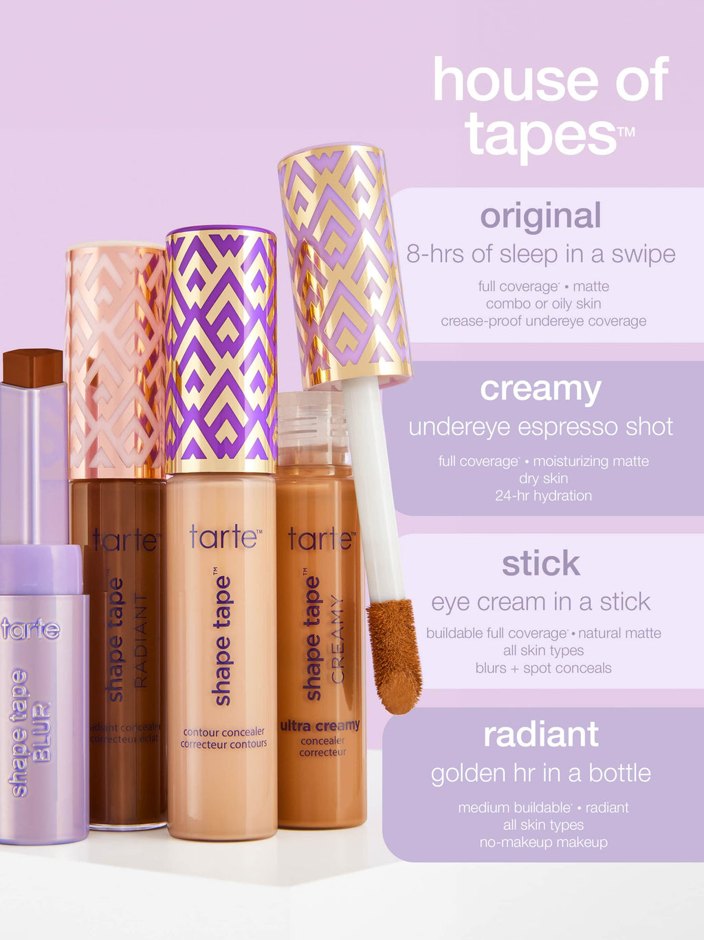 Tarte cosmetic products including Shape Tape Creamy, OG, Stick, and Radiant on a white background.
