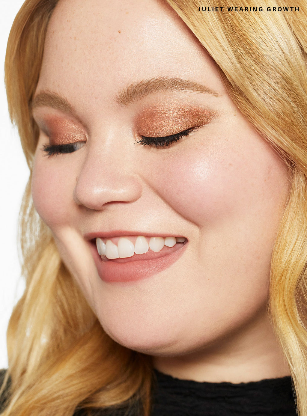 Growth| Model Juliet wearing Rare Beauty's All of the Above Weightless Eyeshadow Stick in the shade "Growth".