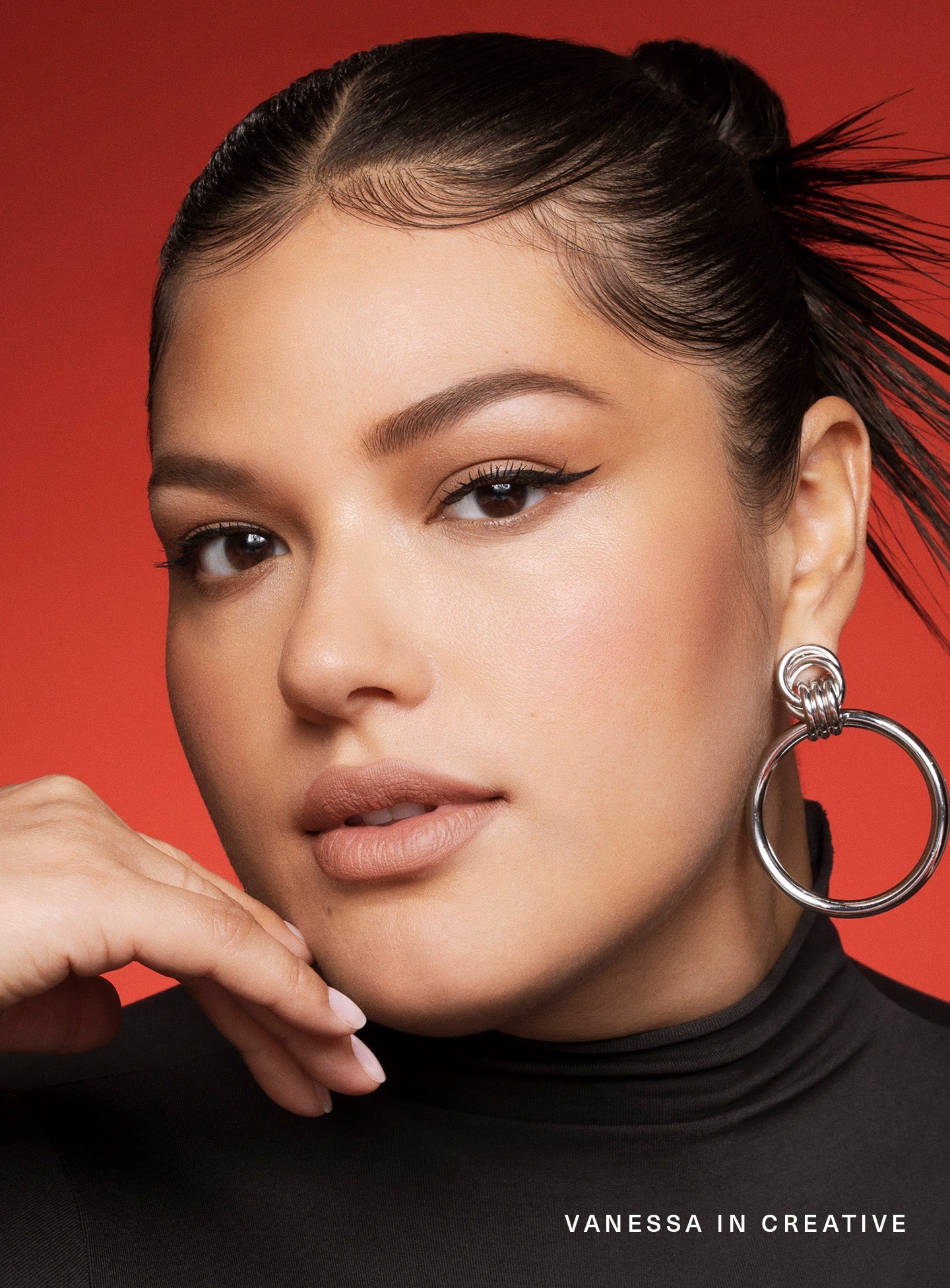 Creative| Model Vanessa wearing Rare Beauty's Kind Words Matte Lip Liner and Matte Lipstick in shade Creative. 
