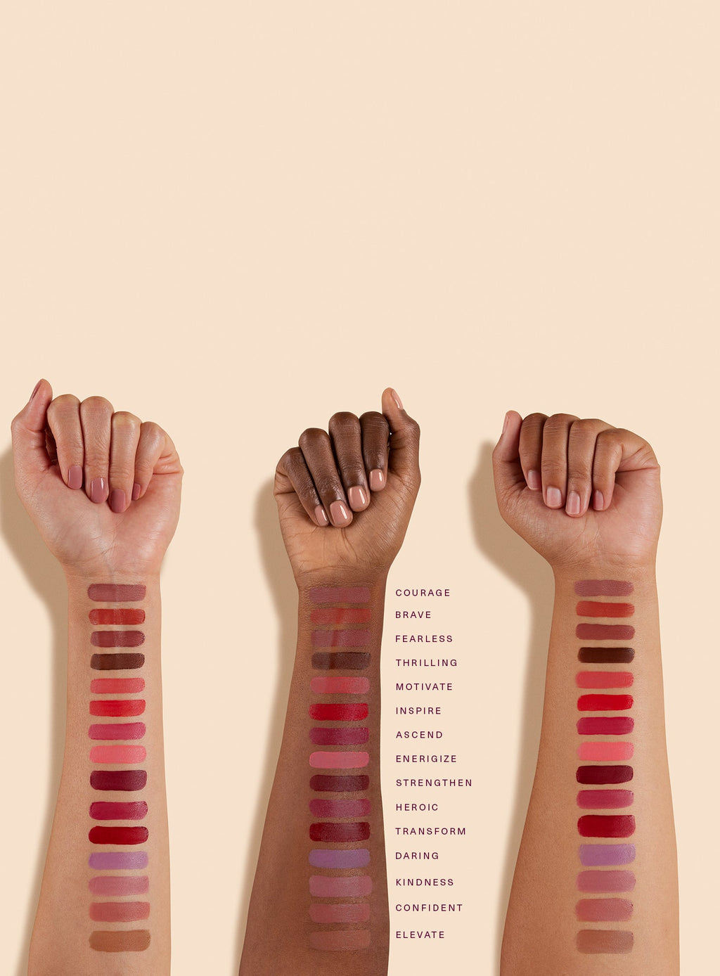 Shade swatches on different skin tones of Rare Beauty's Lip Souffle Matte Lip Cream.
